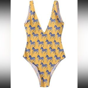 Zebra Print Open Back One Piece Bathing Suit Swim Size Small